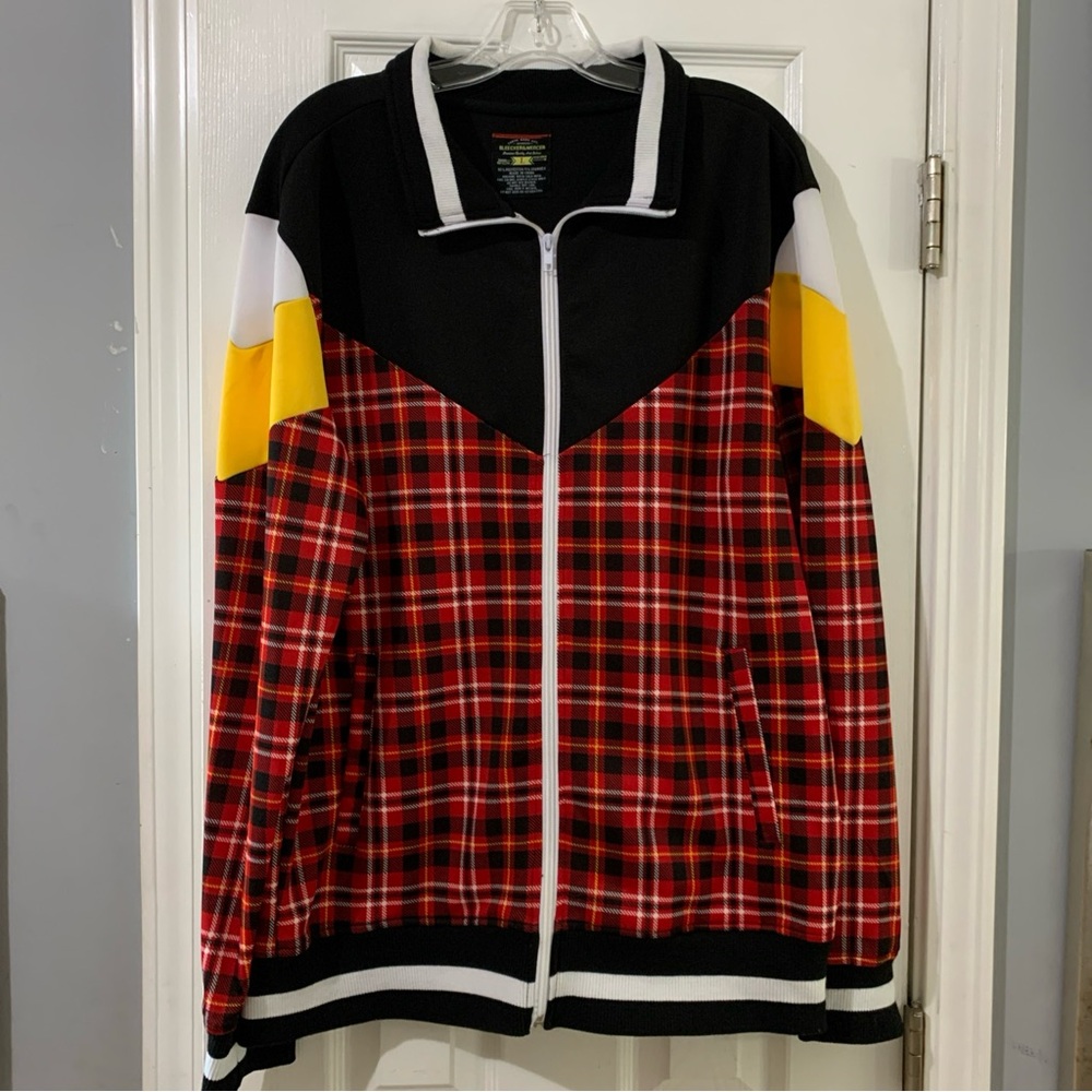 Bleecker & Mercer Red Black Zip Up Sweater Plaid Design Large